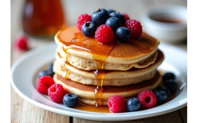 통밀 팬케이크 3장이 쌓여있고 그 위에 메이플 시럽과 계절 베리류가 장식된 모습