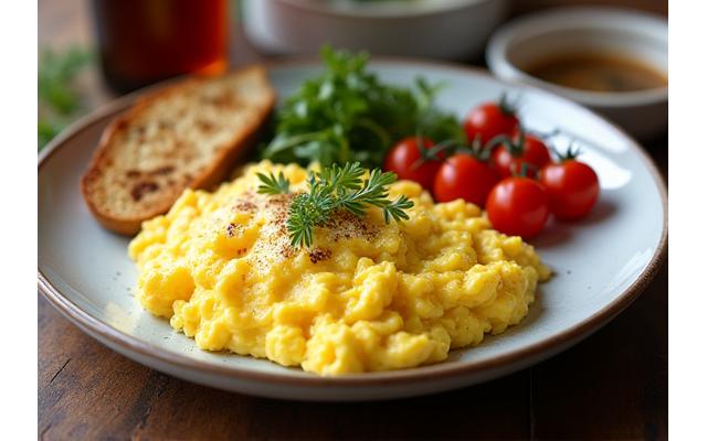 부드러운 스크램블 에그와 구운 소시지, 토마토, 샐러드가 한 접시에 담긴 플래터